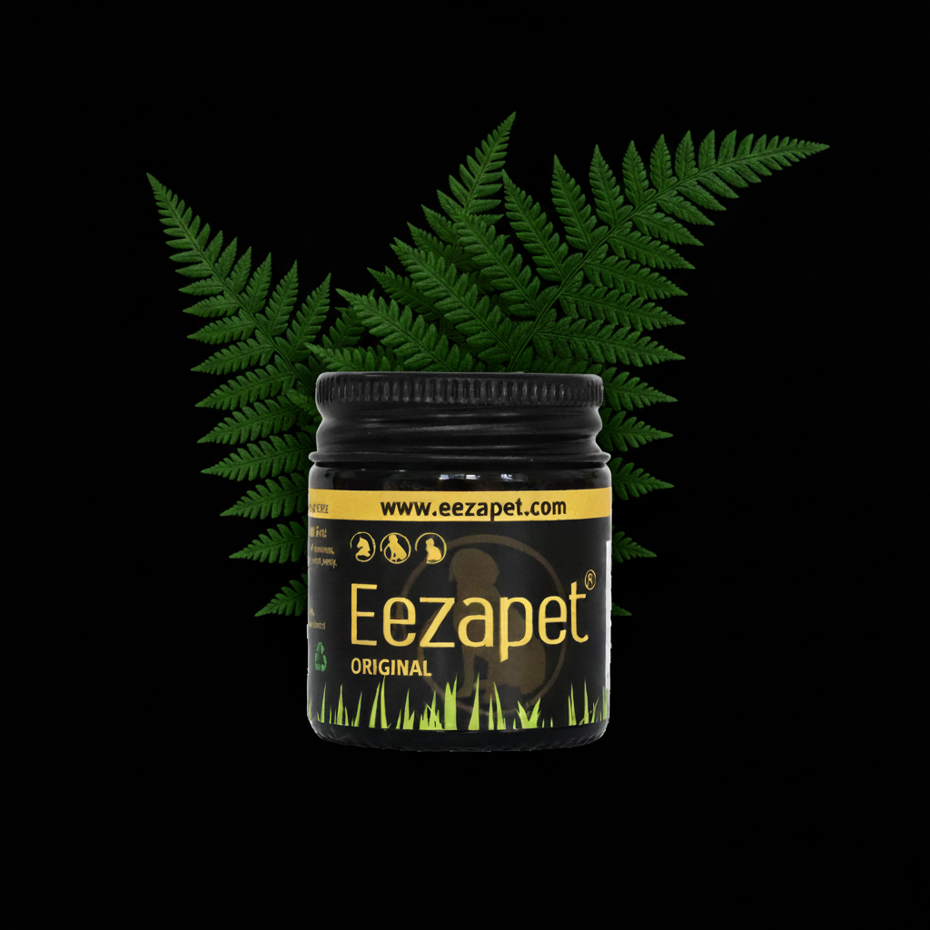Eezapet 30ml pot with wavy dark green fern on black background